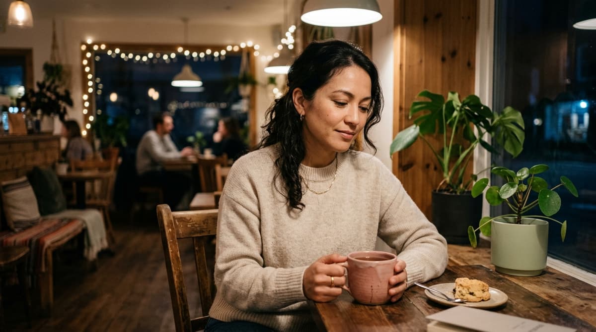 Maman épuisée trouvant un moment de répit dans un café calme en soirée