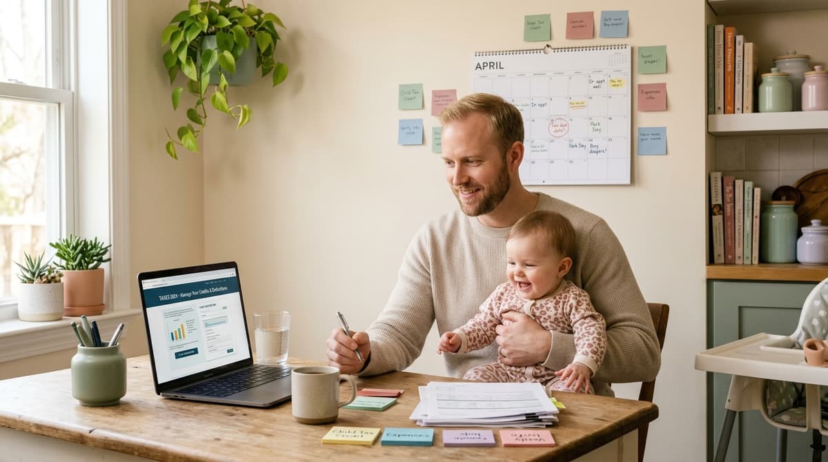 Papa latino gérant son calendrier fiscal 2026 avec son bébé dans les bras devant un ordinateur