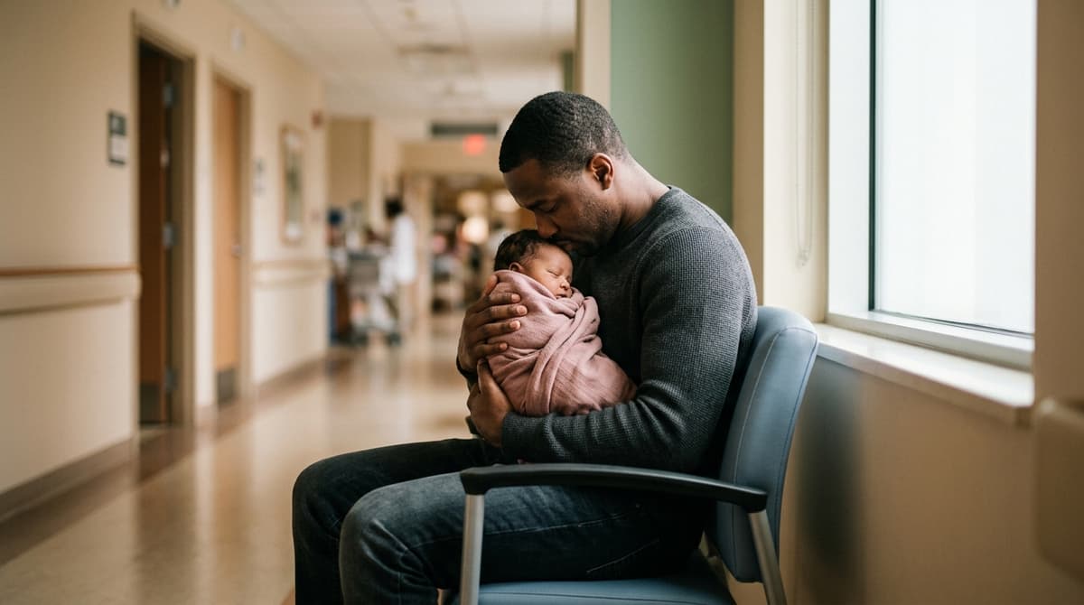 Père en deuil assis dans un couloir d'hôpital, lumière douce, atmosphère de recueillement