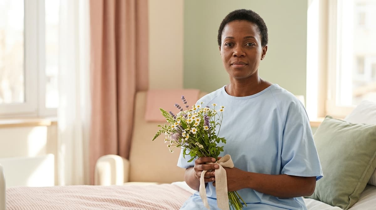 Femme d'une quarantaine d'années dans un environnement médical lumineux, regard déterminé et serein, symbolisant le courage face au cancer du sein