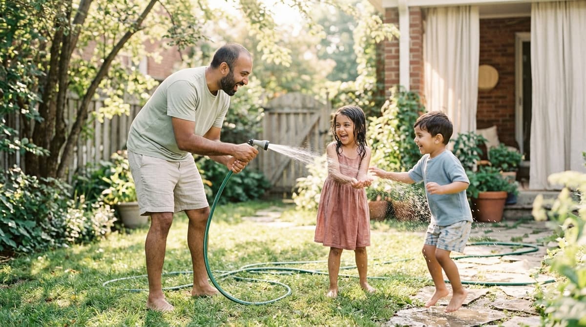 Père et enfants se rafraîchissant avec un tuyau d'arrosage dans le jardin pendant la canicule