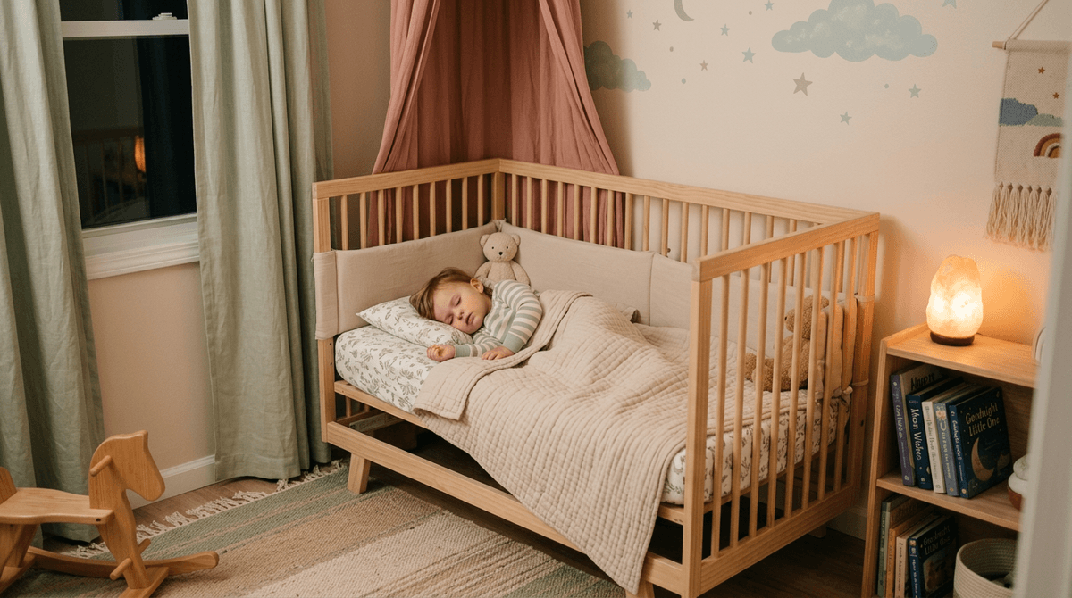 Chambre d'enfant paisible la nuit, avec un tout-petit dormant sereinement dans son lit, éclairage doux et couleurs pastel.