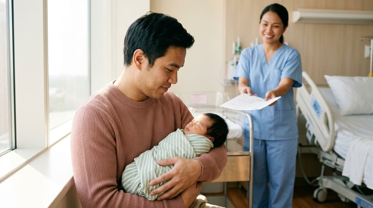 Père tenant son nouveau-né dans les bras à la maternité, congé de naissance 2026
