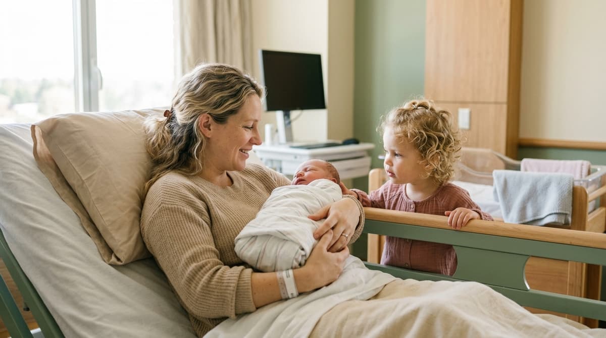 Maman tenant son nouveau-né à la maternité pendant que sa fille aînée découvre son petit frère ou sa petite sœur