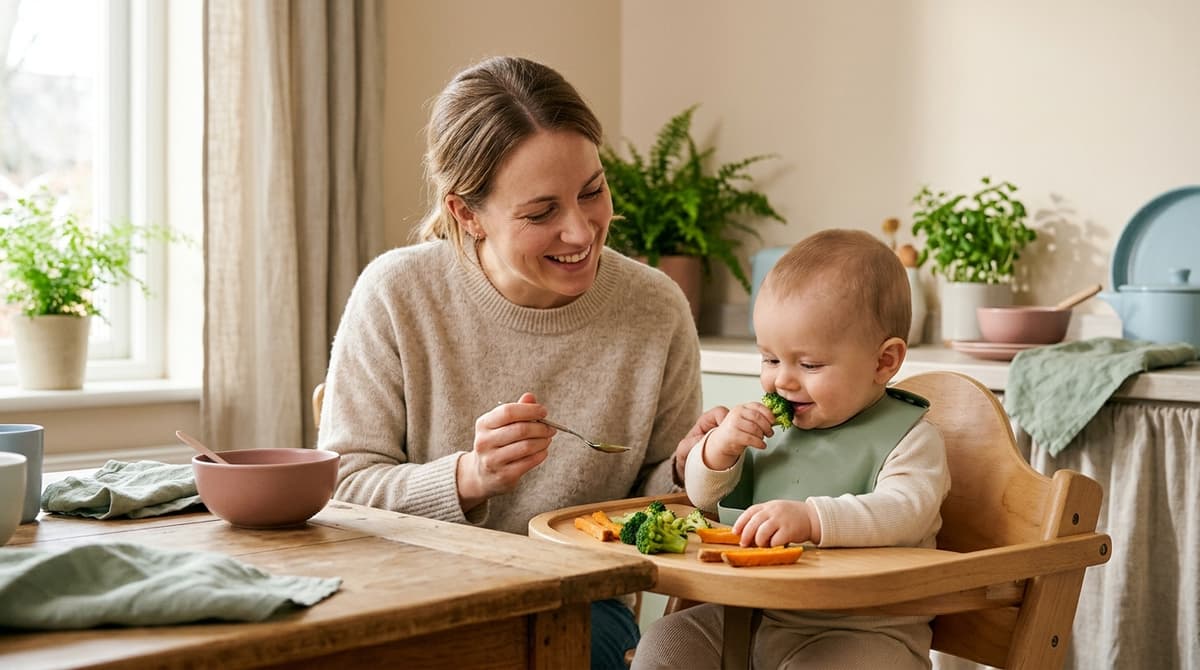 Maman et bébé pratiquant la diversification menée par l'enfant à table