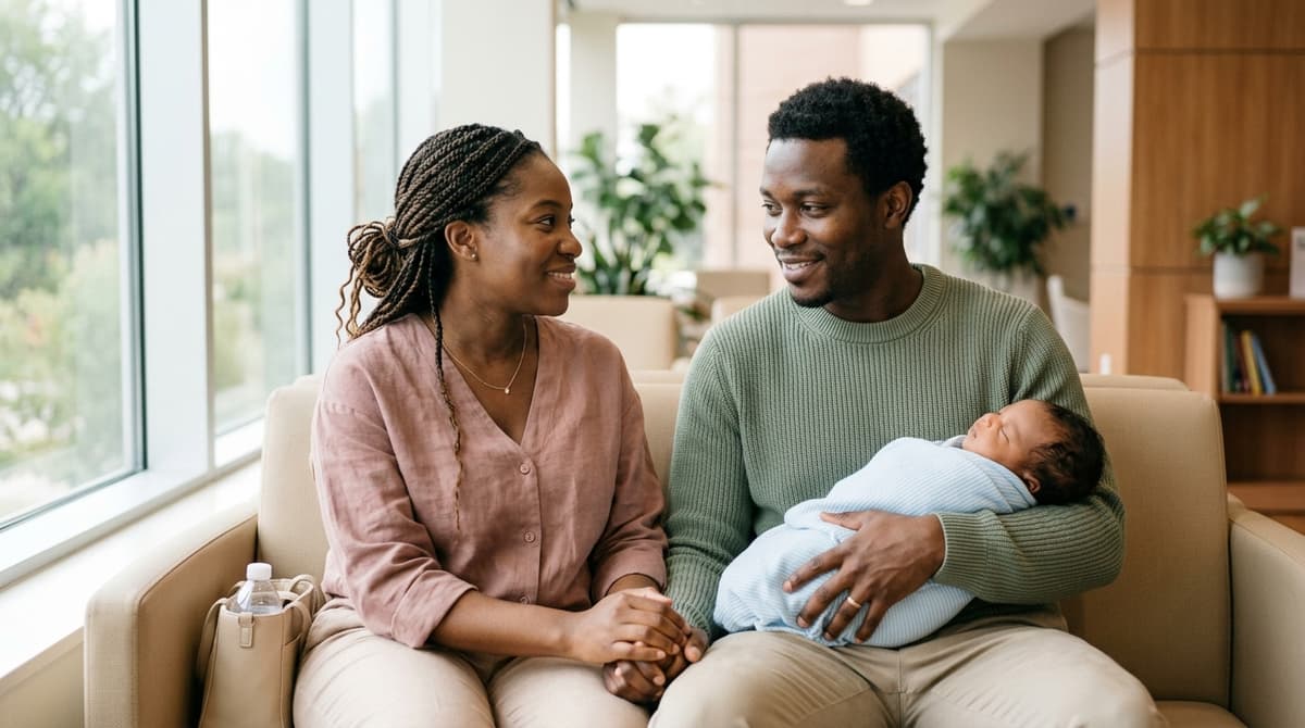 Parents attendant des nouvelles dans un couloir d'hôpital, main dans la main, regard plein d'espoir