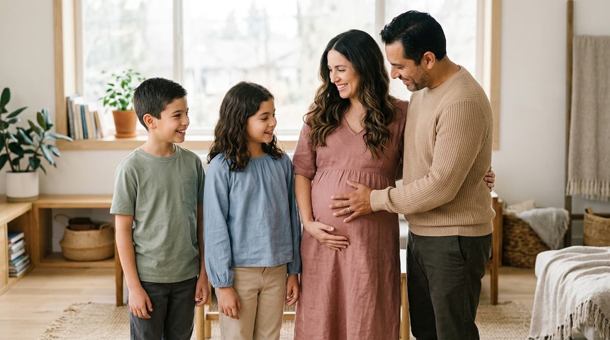Famille recomposée heureuse attendant un nouveau bébé, père de 44 ans et mère enceinte entourés de leurs deux aînés