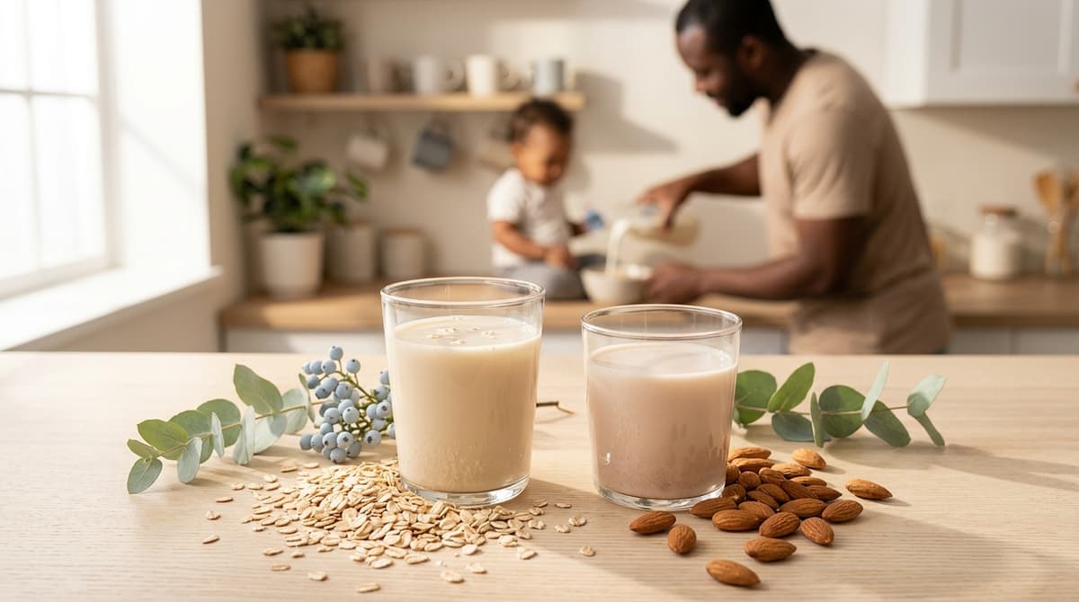 Comparatif lait d'amande et lait d'avoine dans deux verres sur une table en bois avec des amandes et des flocons d'avoine
