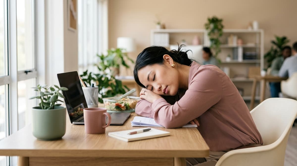 Jeune maman épuisée au travail posant la tête sur son bureau pendant la pause déjeuner