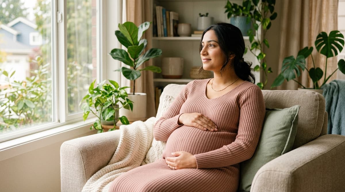 Femme enceinte africaine en pleine lumière naturelle, main sur le ventre, dans une atmosphère sereine et bienveillante