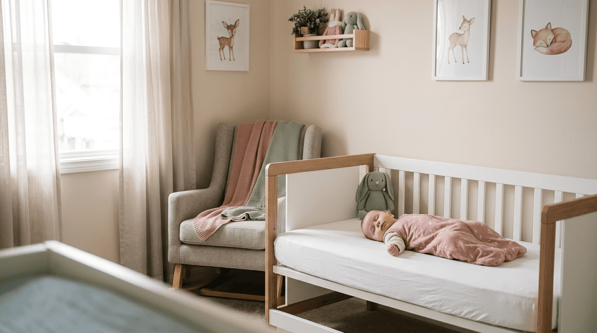 Bébé dormant paisiblement sur le dos dans un lit sécurisé, dans une chambre aux couleurs douces.