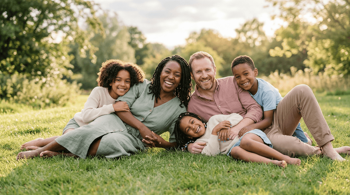 Famille souriante allongée sur l'herbe au soleil, enfants dont une fille avec un vernis bleu, portrait familial authentique et chaleureux