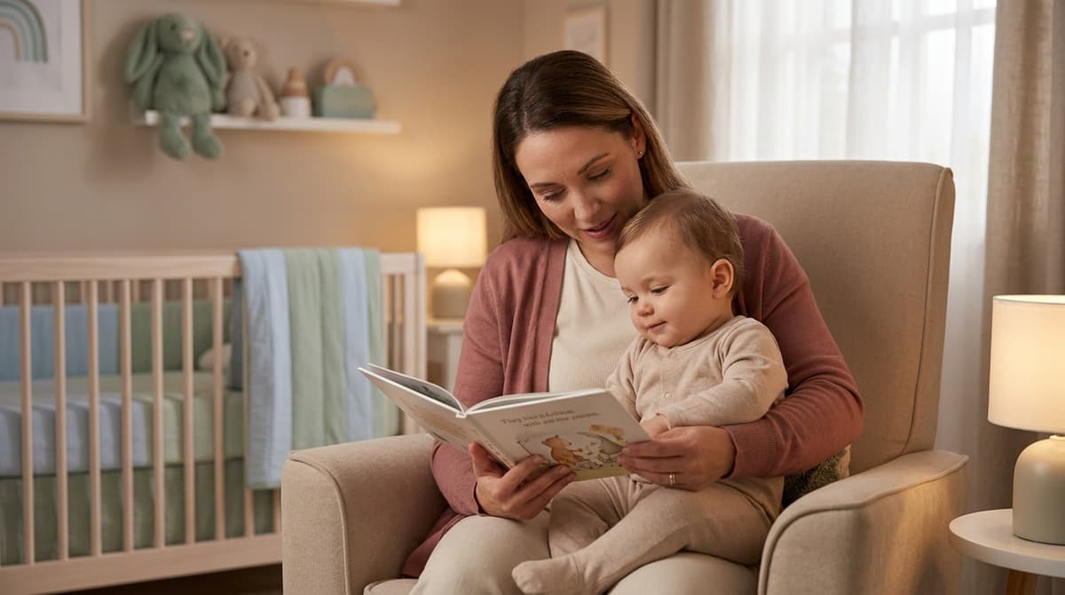 Un parent lit une histoire à son bébé dans une chambre douce et apaisante, créant un rituel du coucher paisible.