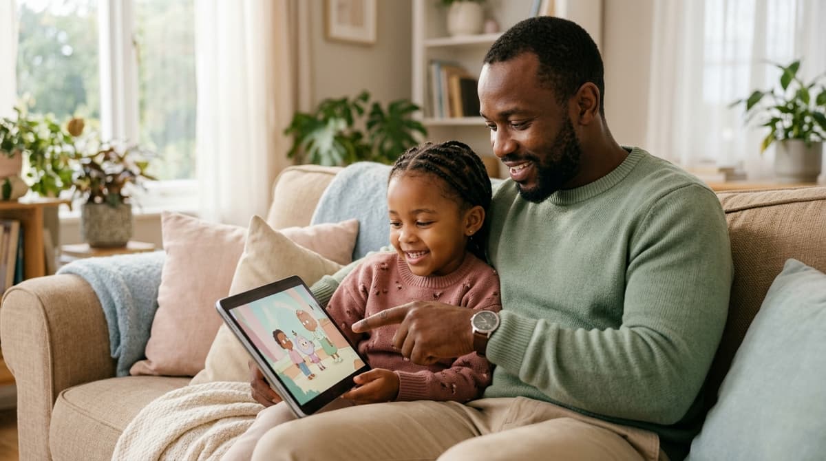 Un père et sa fille regardent ensemble un dessin animé sur une tablette dans un salon chaleureux