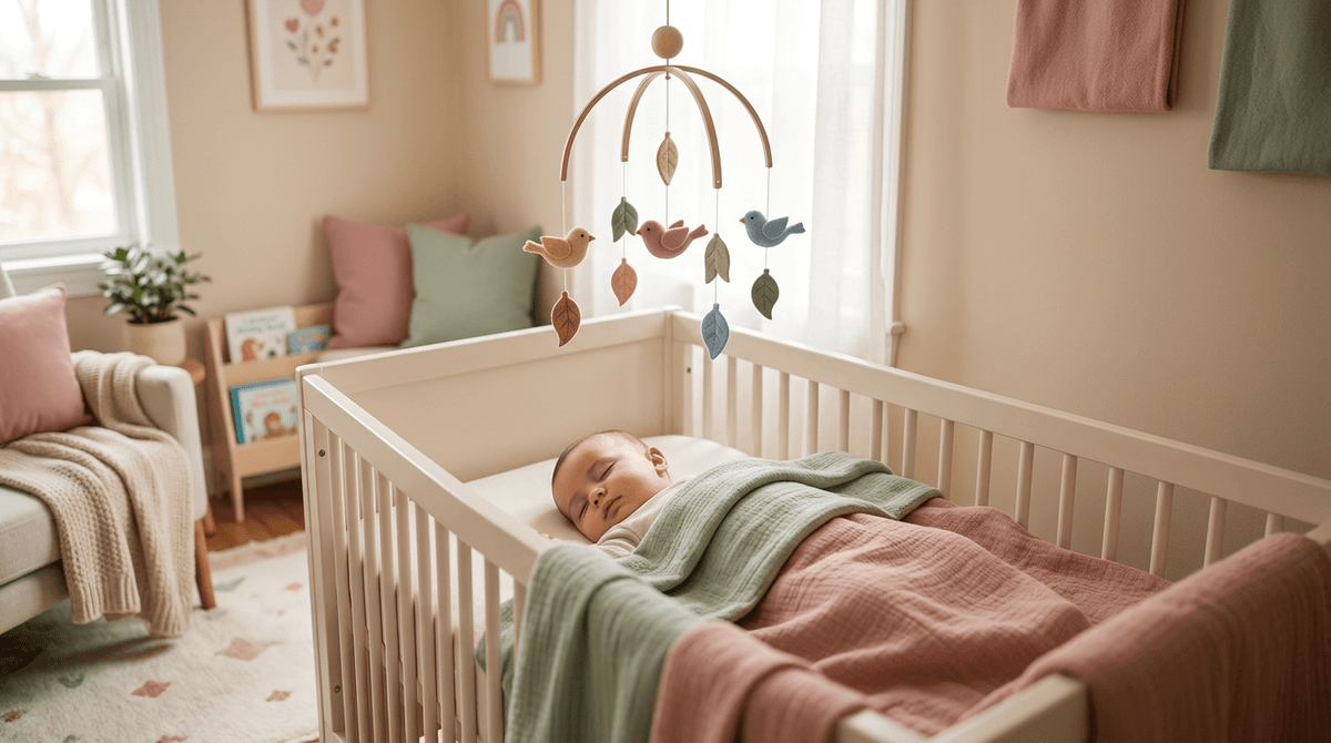 Un bébé endormi paisiblement dans son berceau lors d'une sieste, dans une chambre aux tons pastel doux.