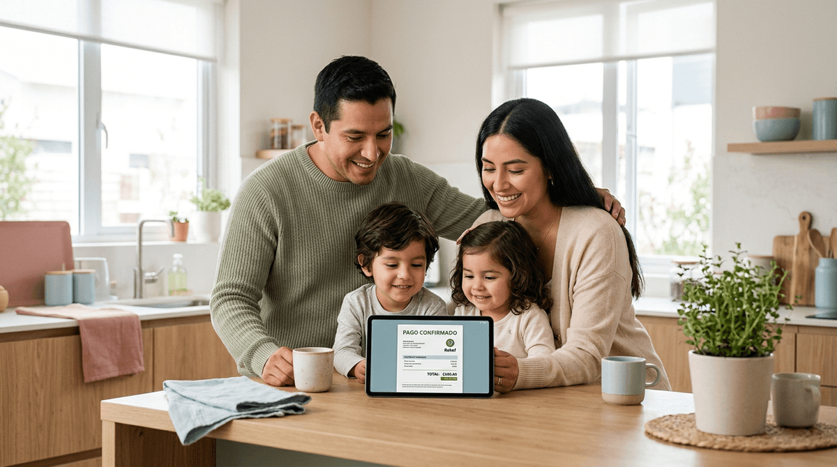 Famille avec enfants qui consulte sa facture d'électricité EDF sur une tablette dans une cuisine lumineuse