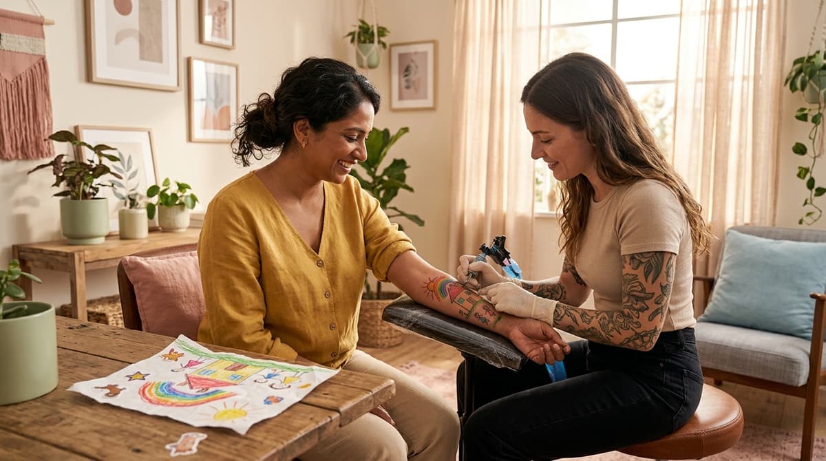 Maman émue dans un salon de tatouage regardant le tatouage gribouillis de son enfant reproduit sur son bras