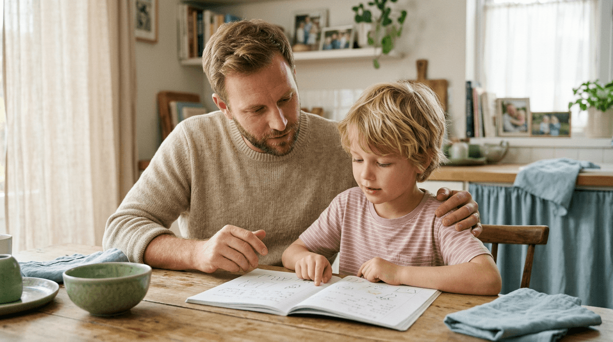 Père et fils discutant calmement à la maison, symbolisant l'écoute et la compréhension autour du TDAH chez l'enfant