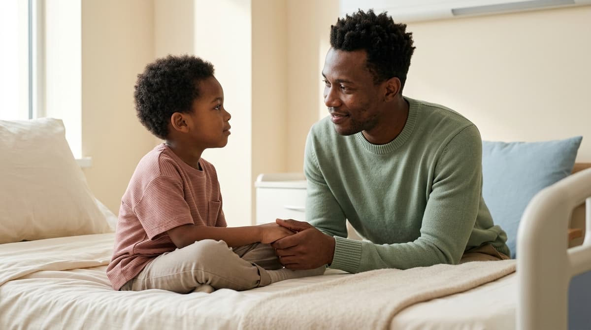 Père et fils à l'hôpital, regard bienveillant et moment de connexion émotionnelle