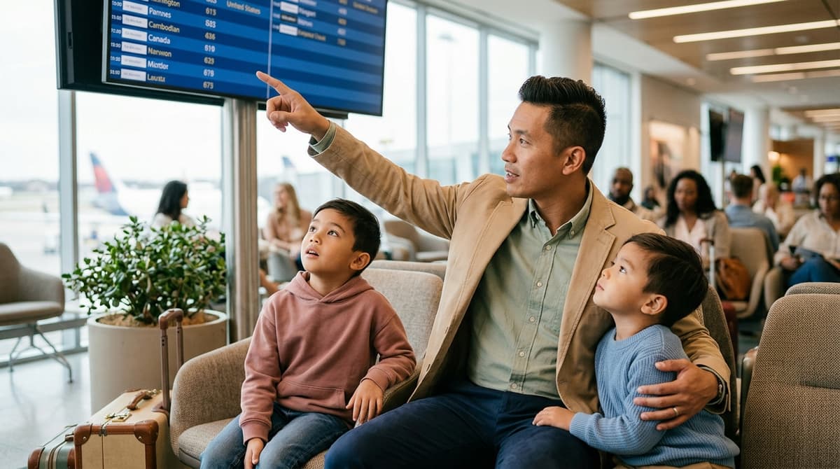 Un père et ses deux fils à l'aéroport, partageant une leçon de vie sur la valeur des choses et la gratitude