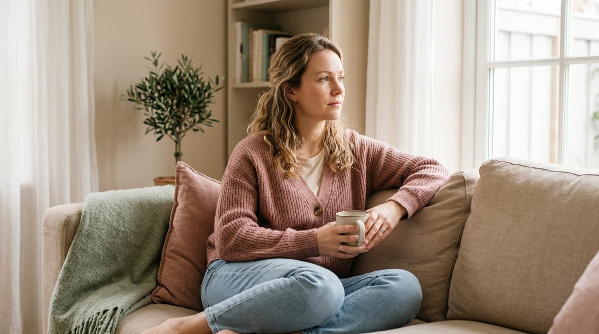 Femme assise seule, pensive, lumière naturelle douce, symbolisant la prise de conscience après une relation psychologiquement difficile