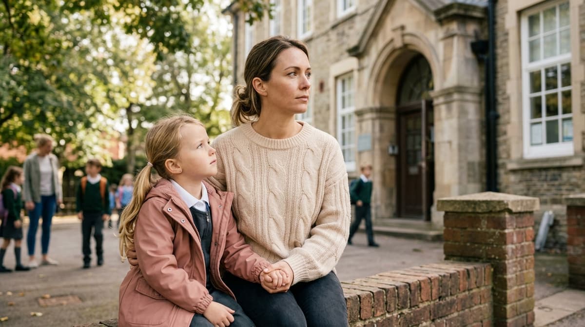 Mère et fille devant une école, illustrant la question de la sécurité des enfants au périscolaire