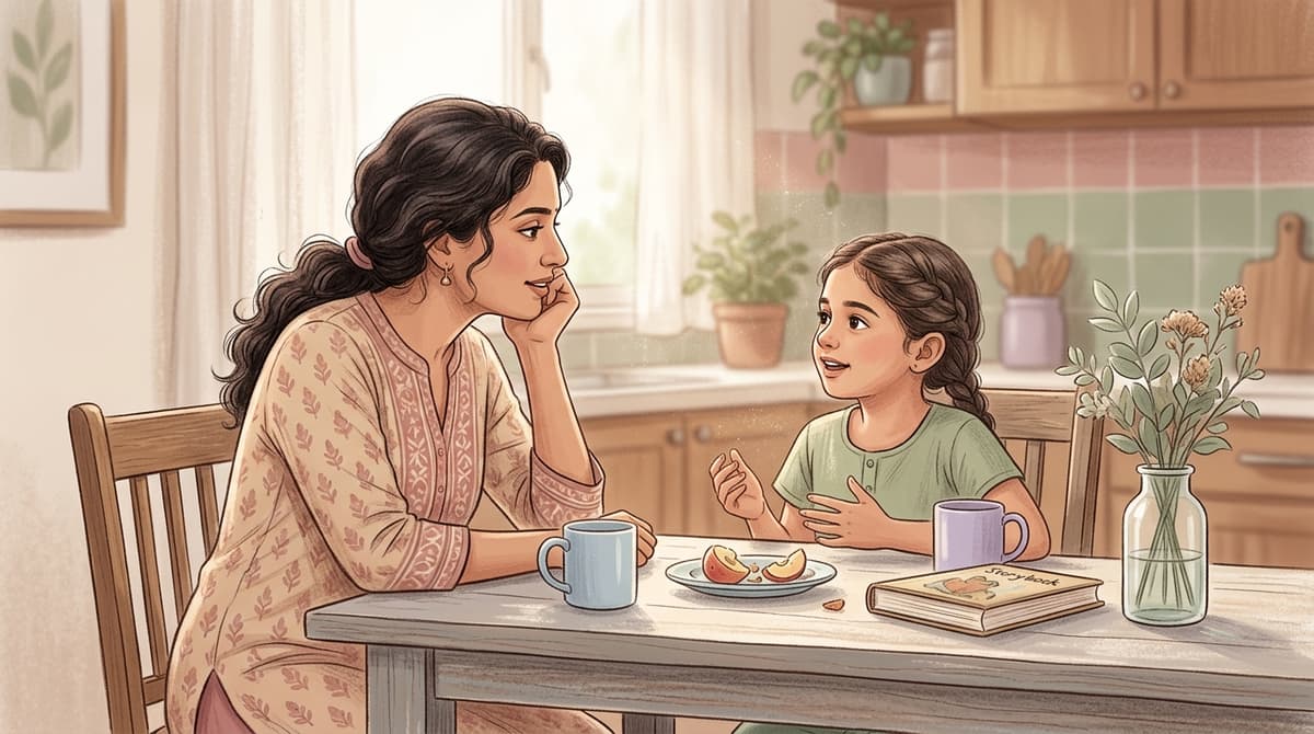 Mère et fille en conversation bienveillante à la maison, illustrant l'importance du dialogue pour protéger les enfants